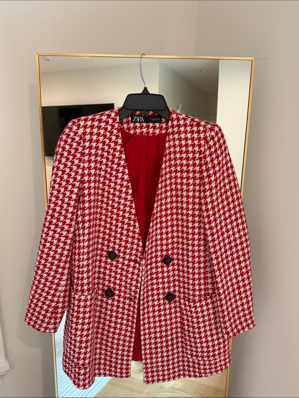 Zara Red and White Houndstooth Double-Breasted Blazer